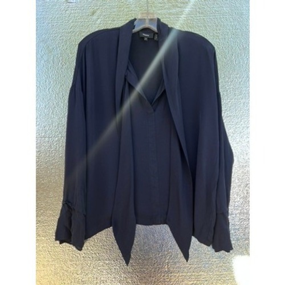 Theory Scarf Shirt B Classic‎ GGT Navy Blue 100% Silk Tie Neck Blouse Size M